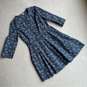 Gap Sz 12 Tall Pleated Print Linen Cotton Blue Dress w/ Pockets 3/4 Sleeves